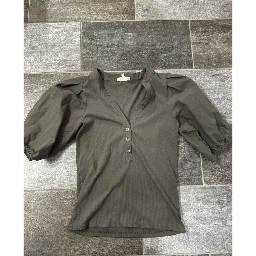 Madewell Women's, Army Green, Size Small Ribbed Shirt With Puff Sleeves, EUC